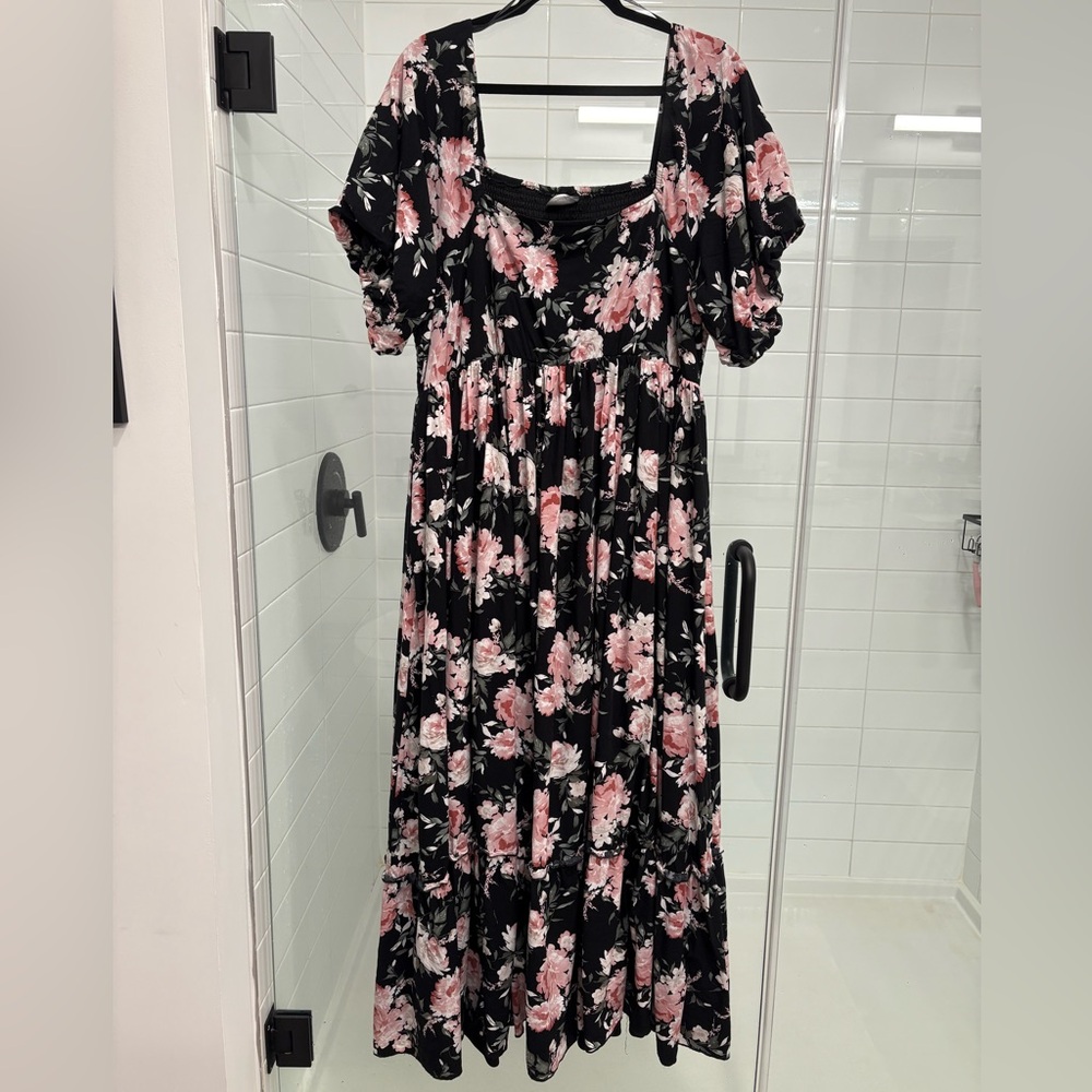 ARULA Black Maxi Dress with Pink Floral Design